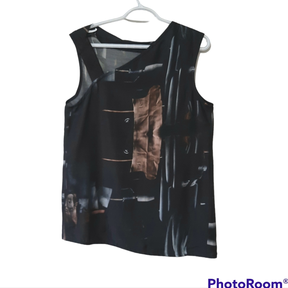 Ann Demeulemeester Black and Gray Abstract Print Sleeveless Blouse